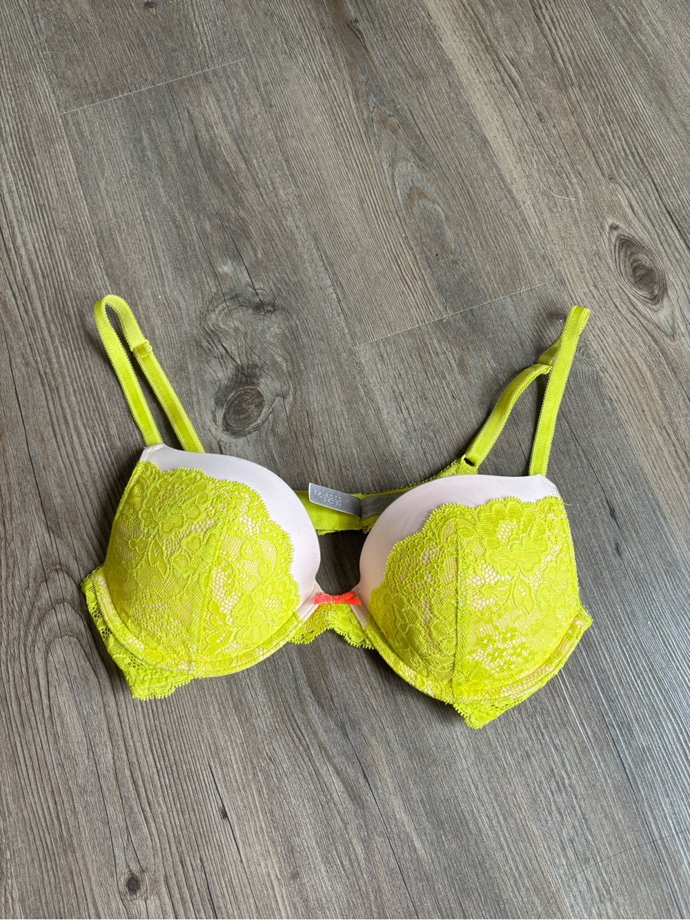 Victoria's Secret Neon Yellow Lace Push-Up Bra with Coral Accent